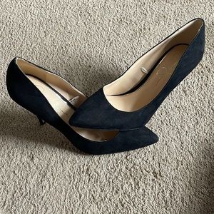 black faux suede heels